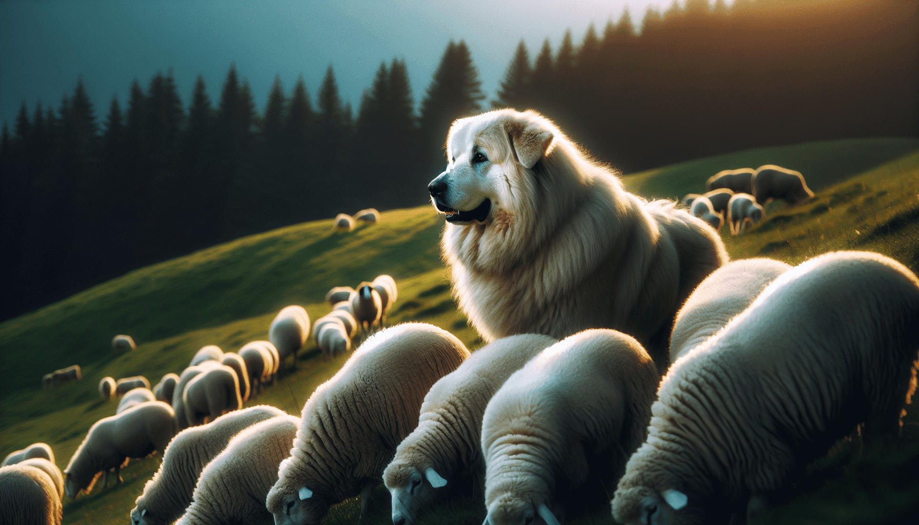 A brave sheepdog standing guard over a flock of sheep