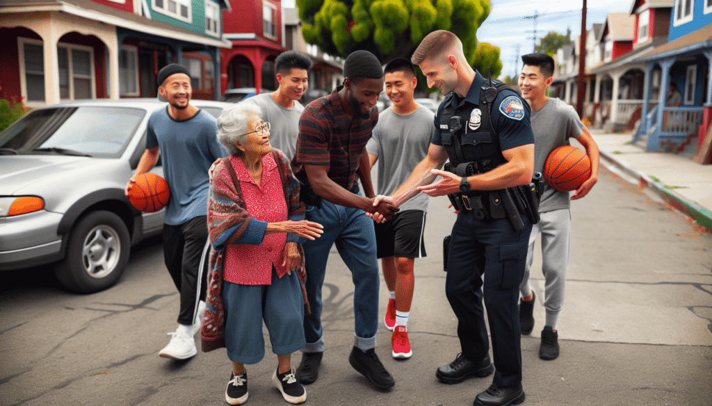 Community policing with police officers engaging with local residents