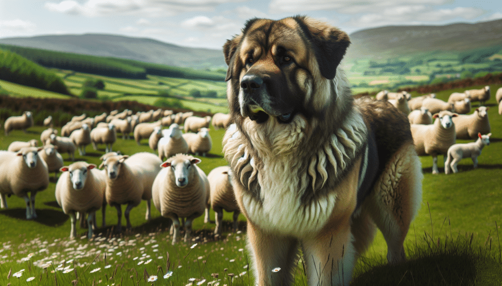 Sheepdog standing watch over a flock of sheep in a green pasture