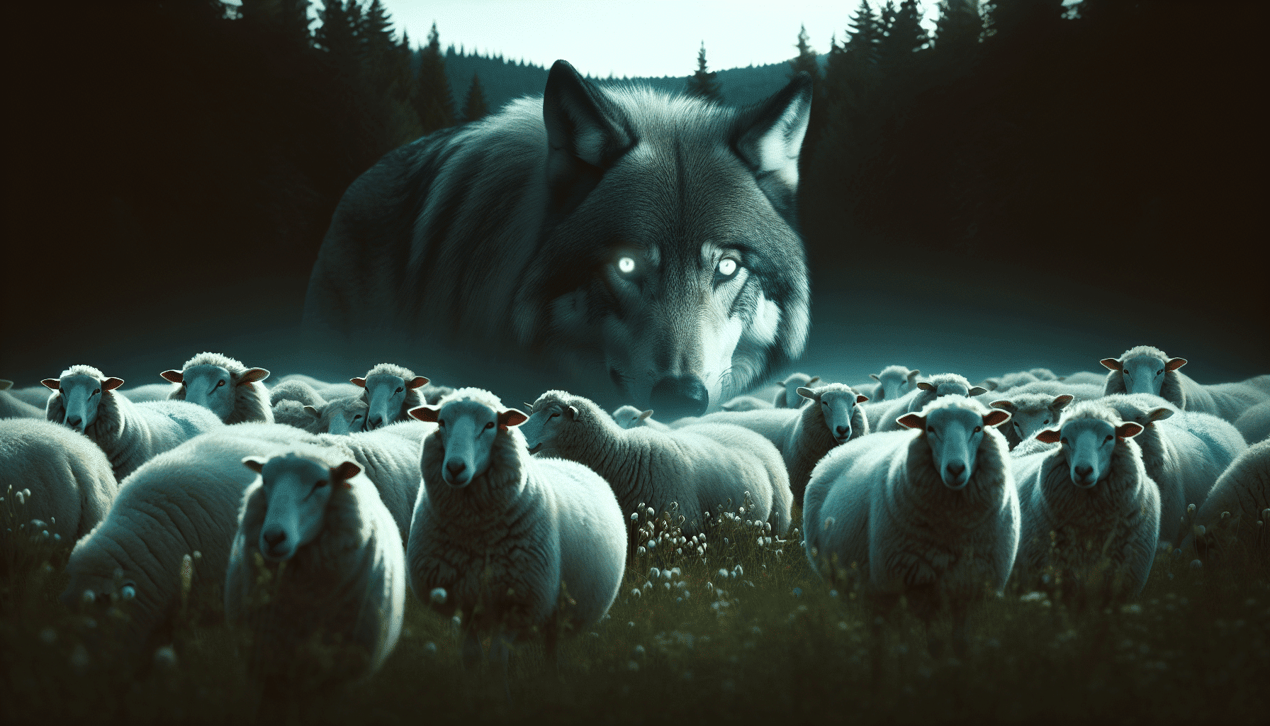 Illustration of a wolf among a flock of sheep for the sheep, sheepdogs, and wolves analogy