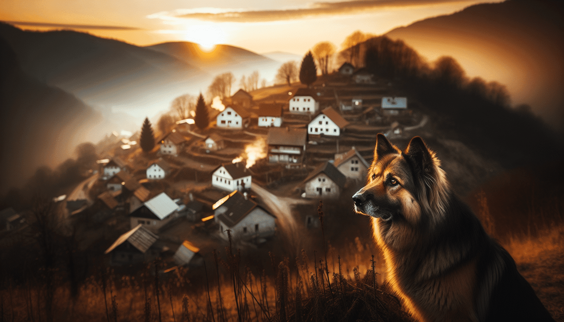 Illustration of a sheepdog standing watch over a community