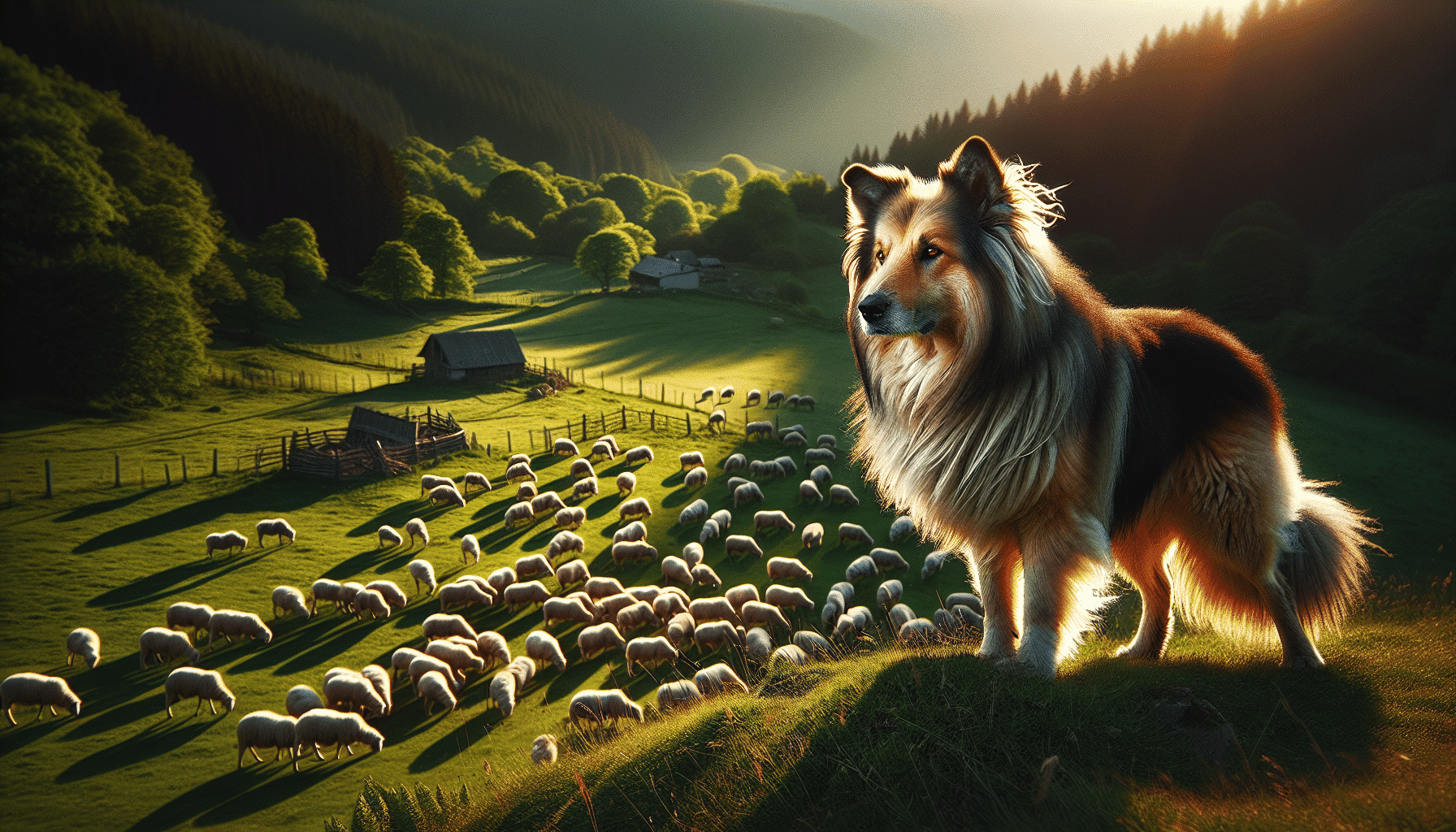 Illustration of a courageous sheepdog protecting a flock of sheep